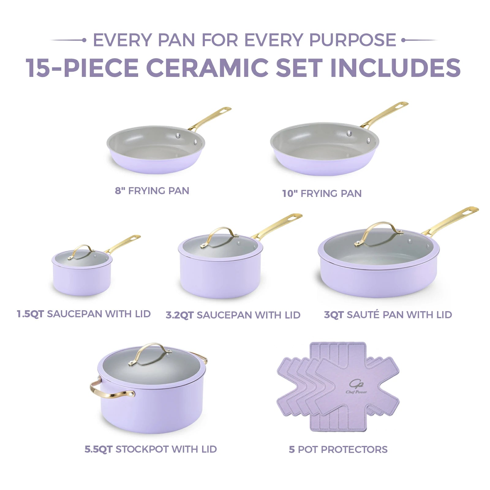 Chef Power Stars Ceramic Nonstick Cookware Set Light Purple 15-Piece Set with Golden Handle Includes