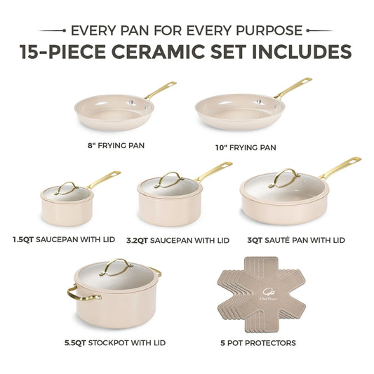 Chef Power Stars Ceramic Nonstick Cookware Set Taupe 15-Piece Set with Golden Handle Includes
