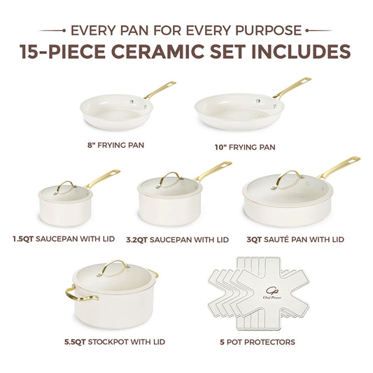 Chef Power Stars Ceramic Nonstick Cookware Set White 15-Piece Set with Golden Handle Includes