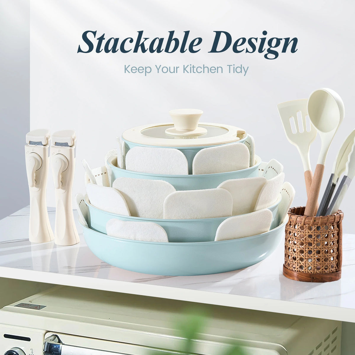 Light Blue Cookware Non-Toxic Ceramic Nonstick 19-Piece Cookware Set with Detachable ...