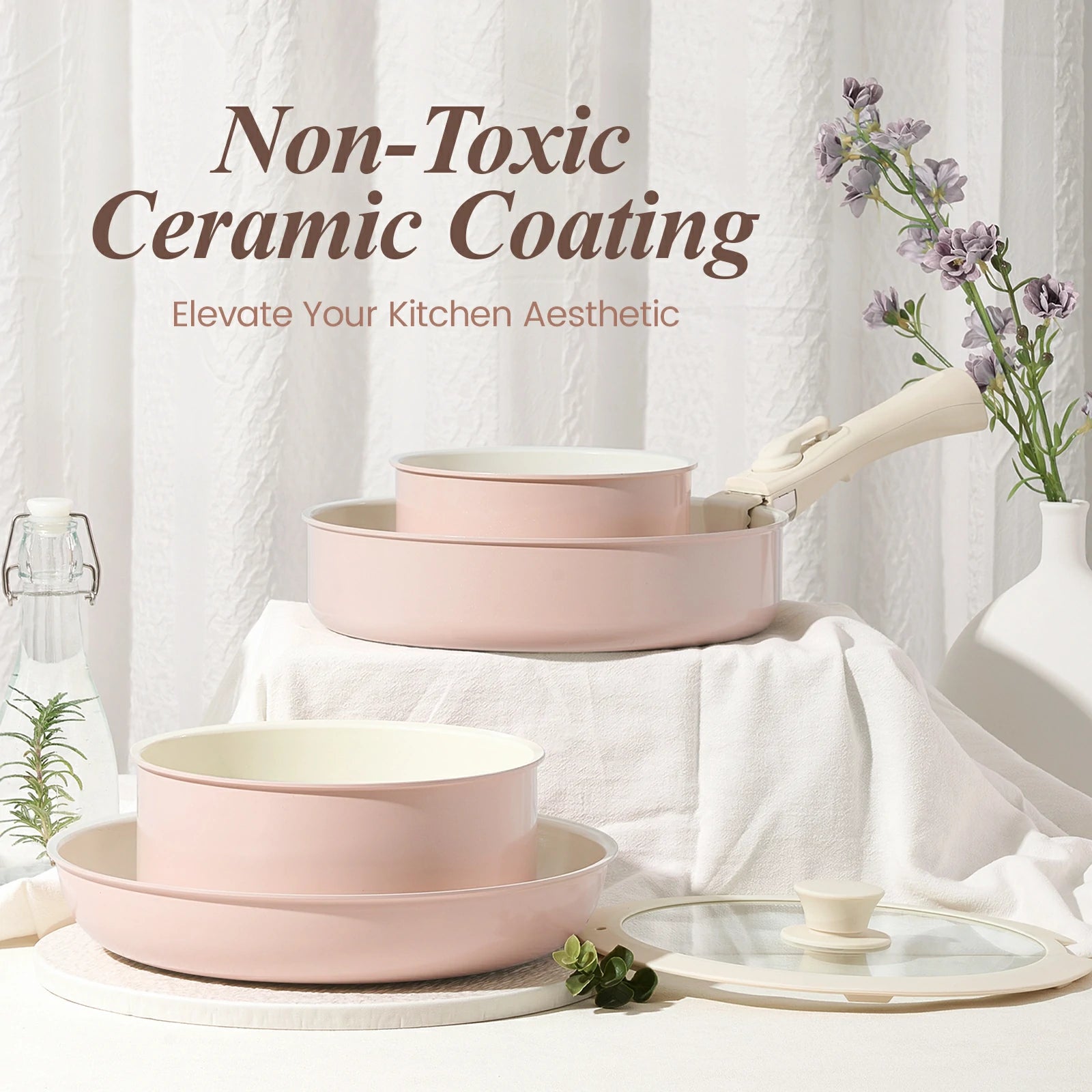 Non-Toxic Ceramic Nonstick 19-Piece Cookware Set with Detachable