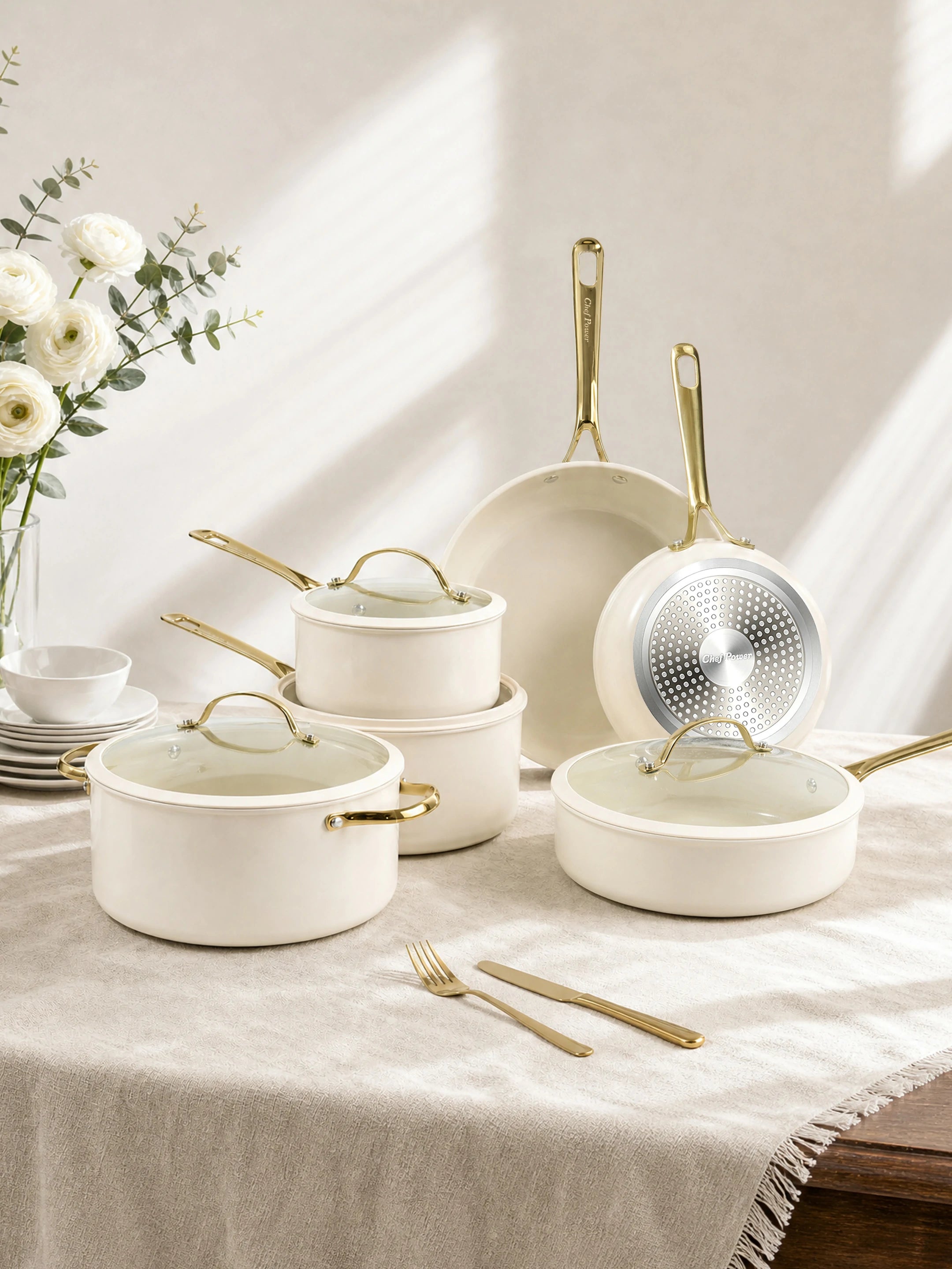 Chef Power Ceramic Nonstick 15-Piece Cookware Set White Banner