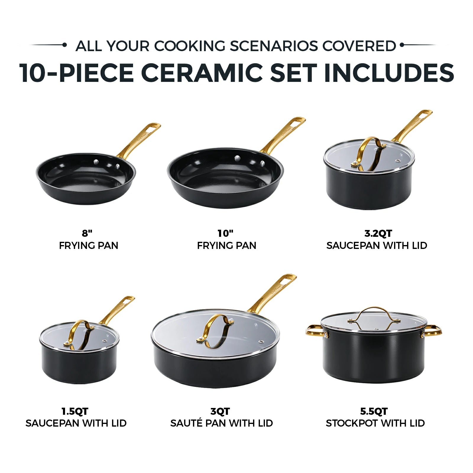 Chef Power Ceramic Nontoxic 10-Piece Cookware Set Black Includes
