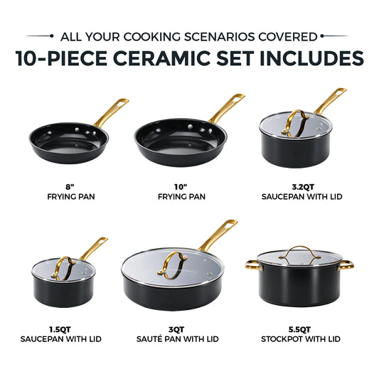 Chef Power Ceramic Nontoxic 10-Piece Cookware Set Black Includes