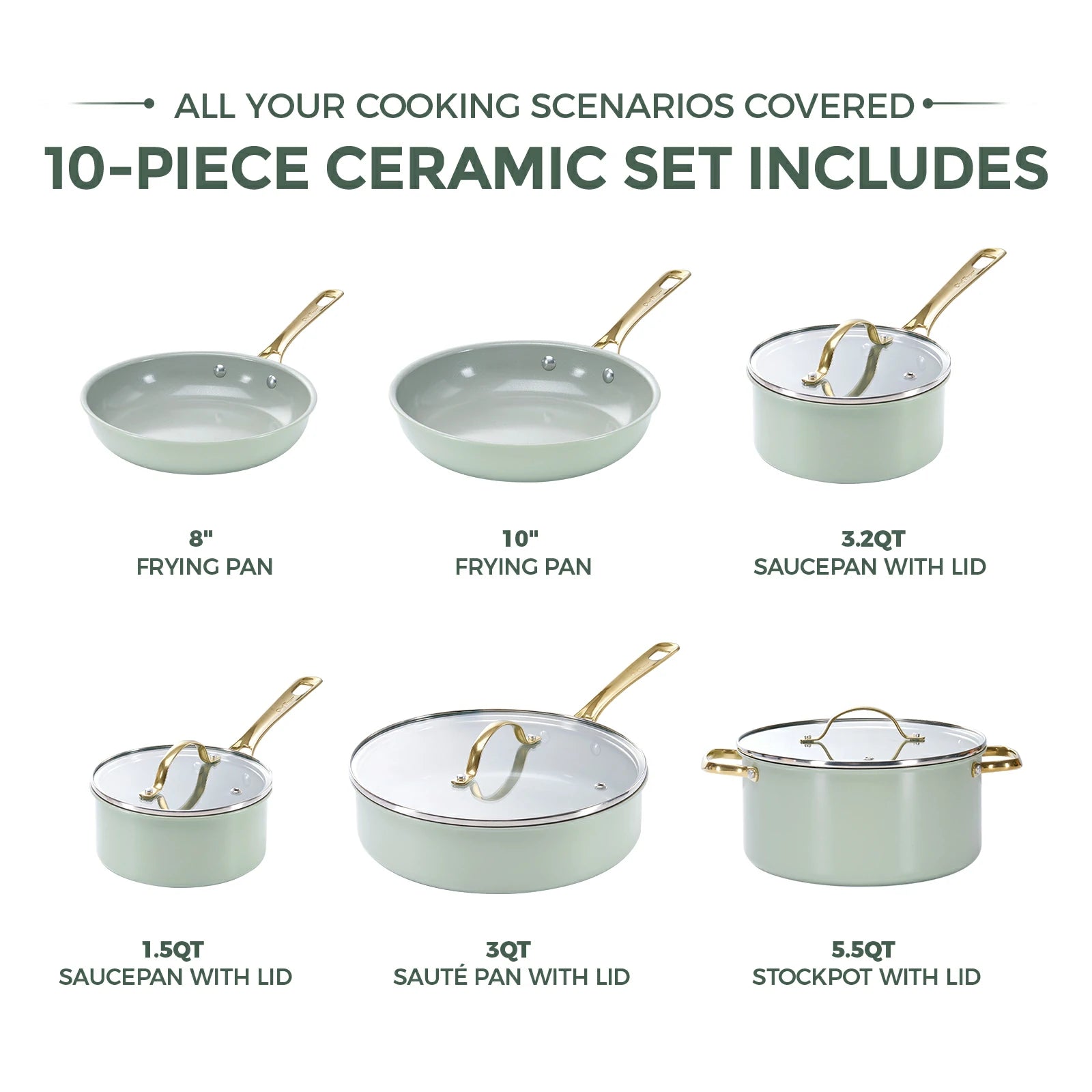 Chef Power Ceramic Nontoxic 10-Piece Cookware Set Sage Green Includes
