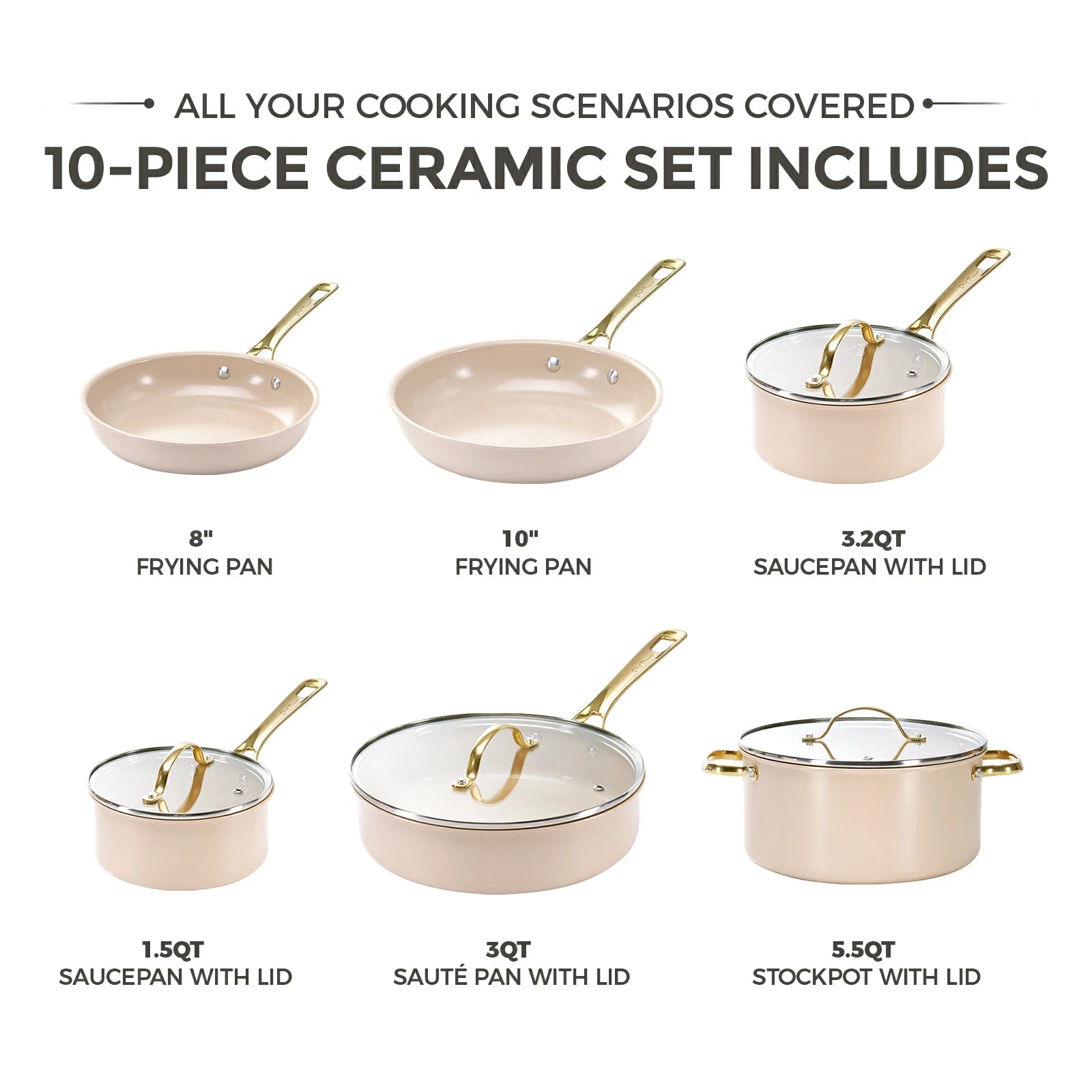 Chef Power Ceramic Nontoxic 10-Piece Cookware Set Taupe Includes