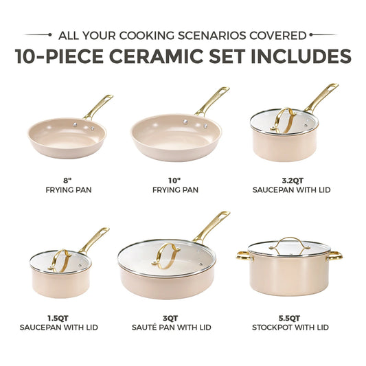 Chef Power Ceramic Nontoxic 10-Piece Cookware Set Taupe Includes