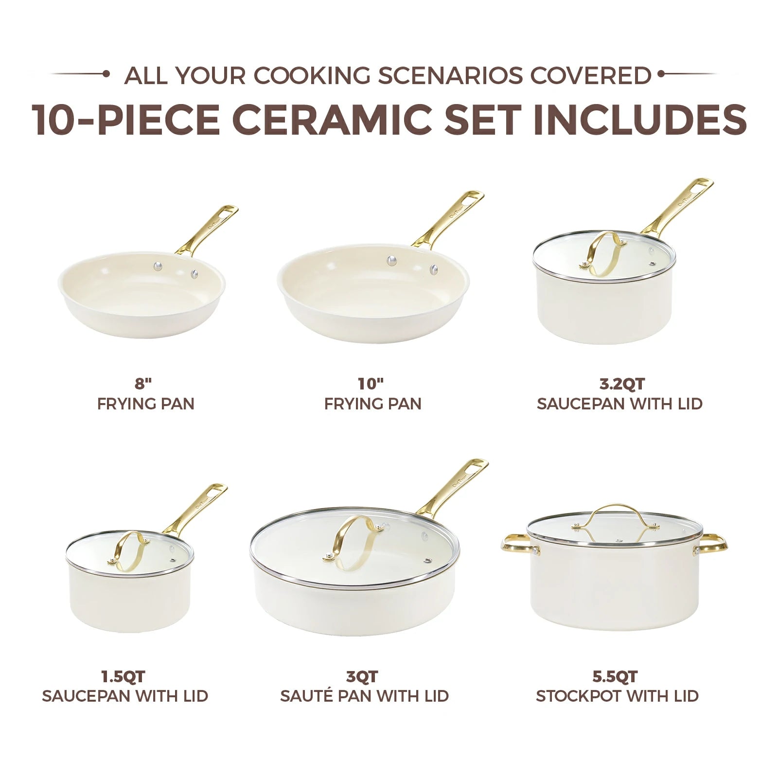 Chef Power Ceramic Nontoxic 10-Piece Cookware Set Cream White Includes