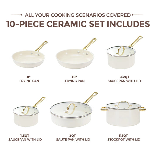 Chef Power Ceramic Nontoxic 10-Piece Cookware Set Cream White Includes