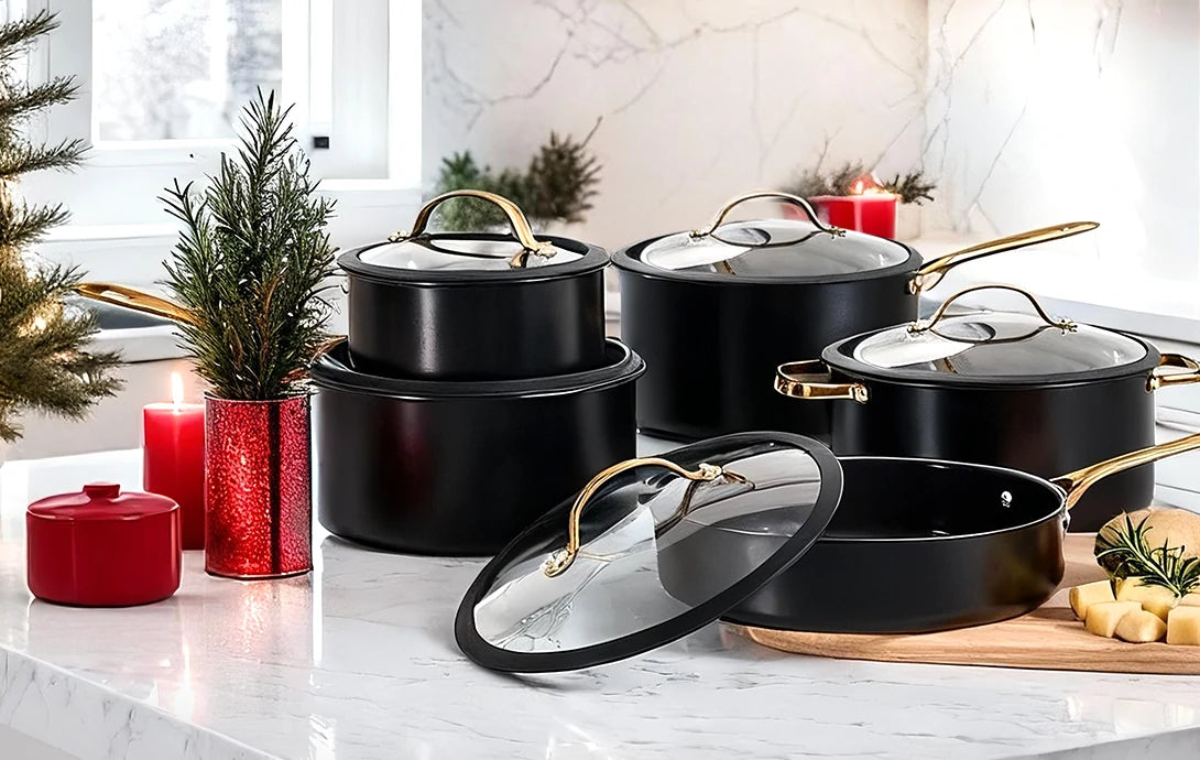 Chef Power Ceramic Cookware Set with  Golden Handle Black Christmas Day