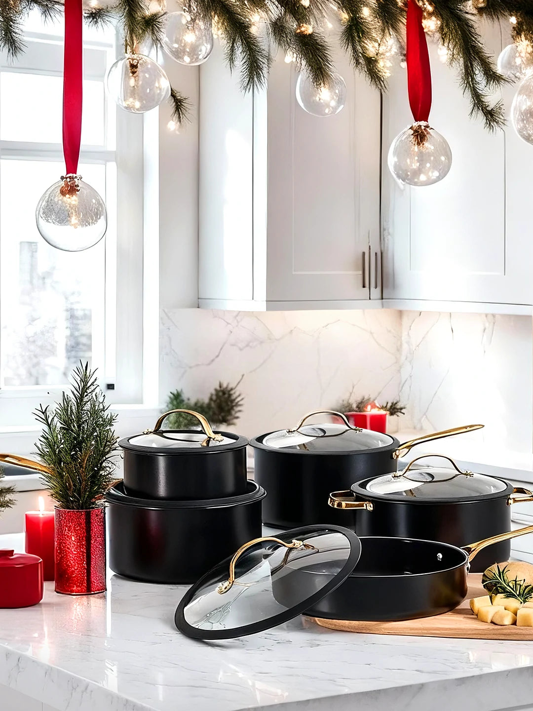 Chef Power Ceramic Cookware Set with  Golden Handle Black Christmas Day