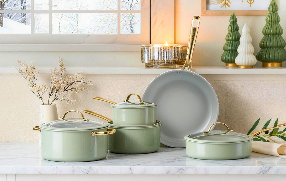 Chef Power Ceramic Cookware Set with  Light Golden Handle Sage Green Christmas Day