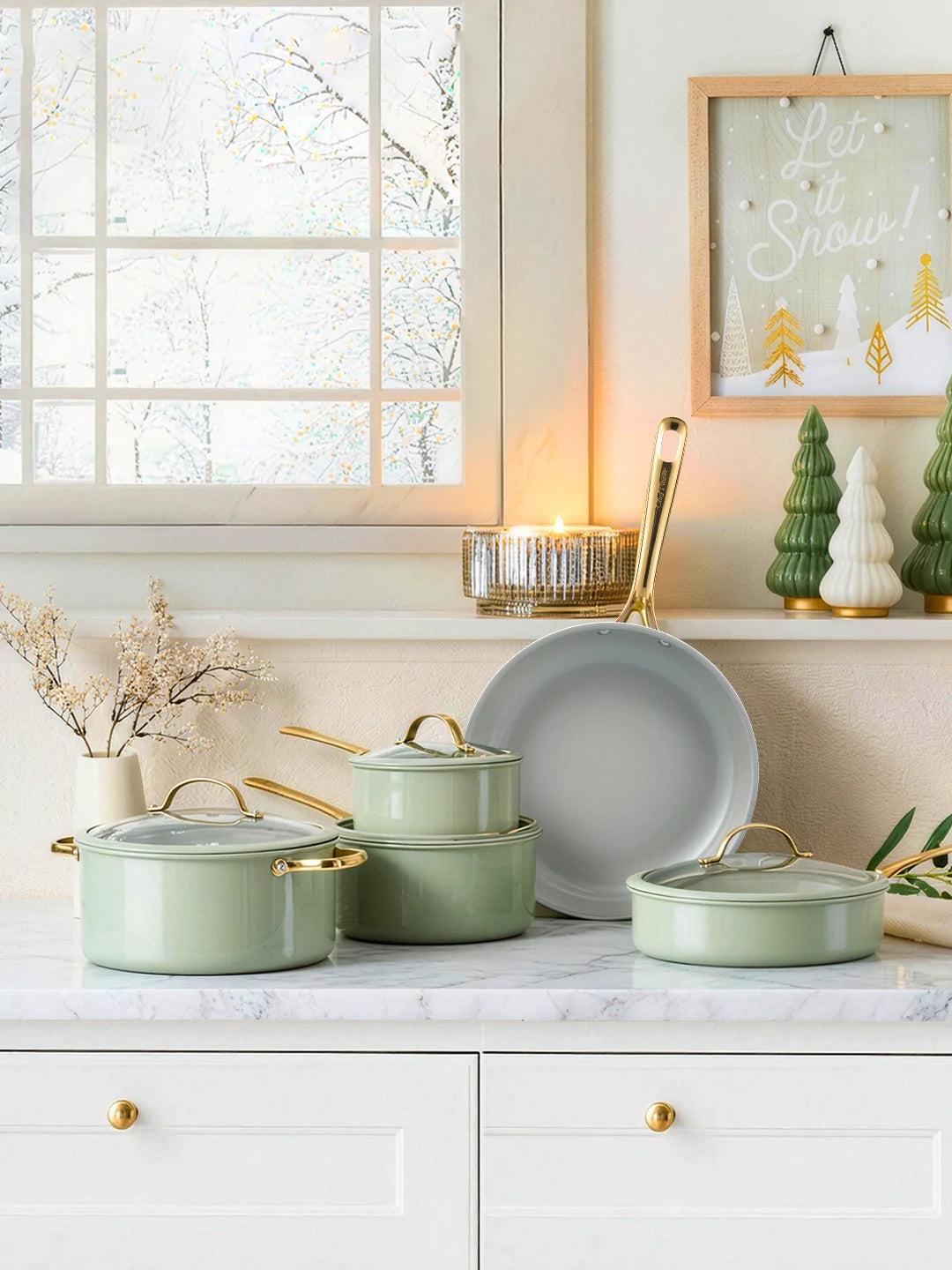 Chef Power Ceramic Cookware Set with  Light Golden Handle Sage Green Christmas Day