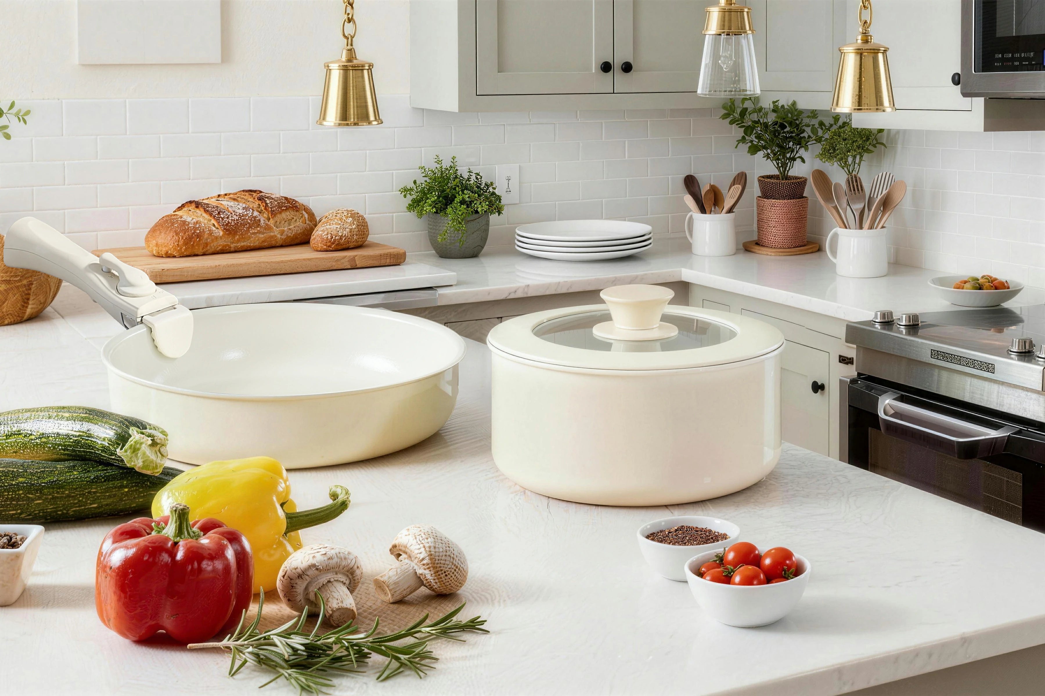 Chef Power Detachable Handle Ceramic Nonstick Cookware Set White