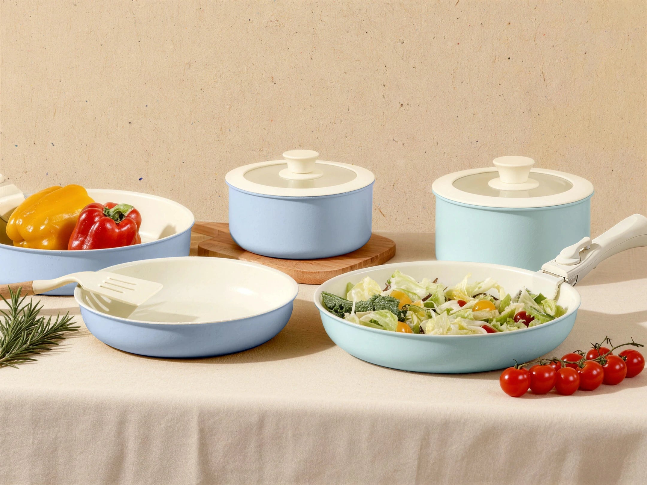 Chef Power Detachable Handle Ceramic Nonstick Cookware Set Baby Blue Purple and Light Blue
