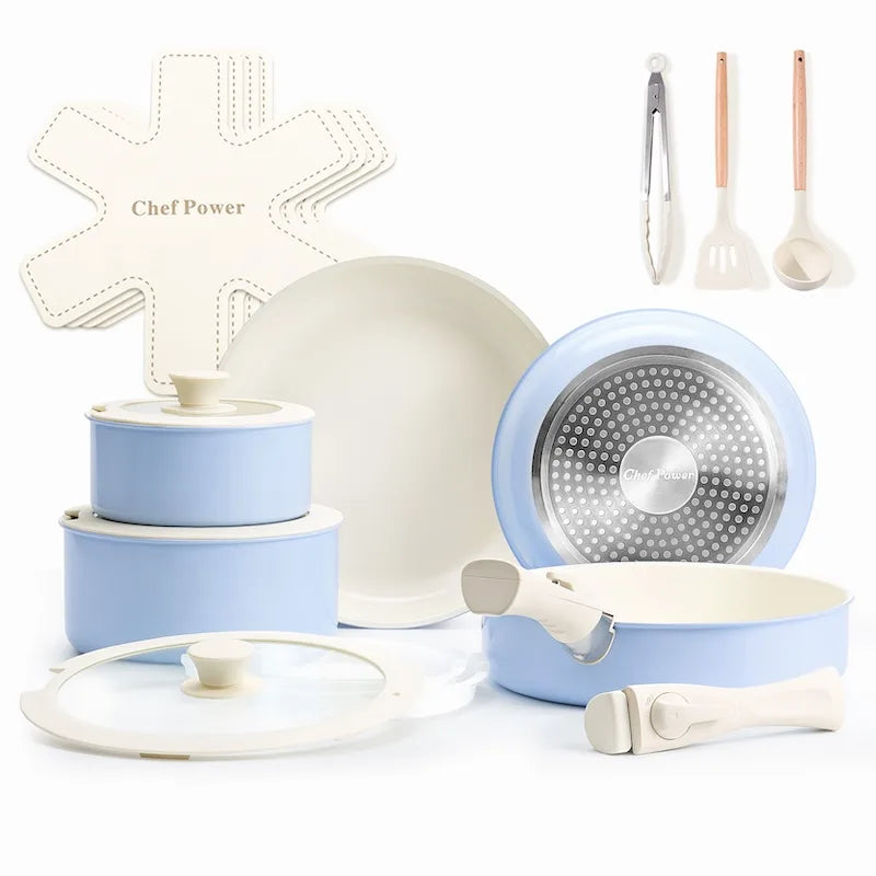 Chef Power Detachable Handle Ceramic Cookware 19-Piece Set Blue Purple Color