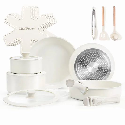 Chef Power Detachable Handle Ceramic Cookware 19-Piece Set Cream White Color