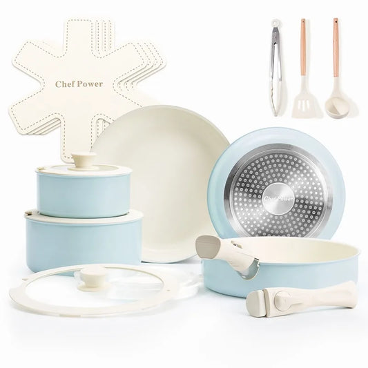Chef Power Detachable Handle Ceramic Cookware 19-Piece Set Light Blue Color