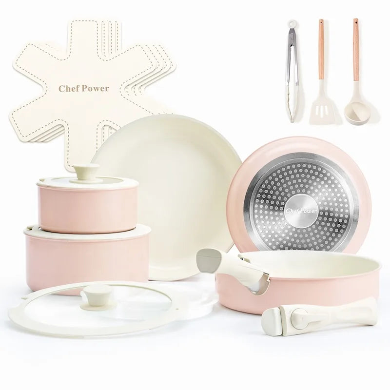 Chef Power Detachable Handle Ceramic Cookware 19-Piece Set Light Pink Color