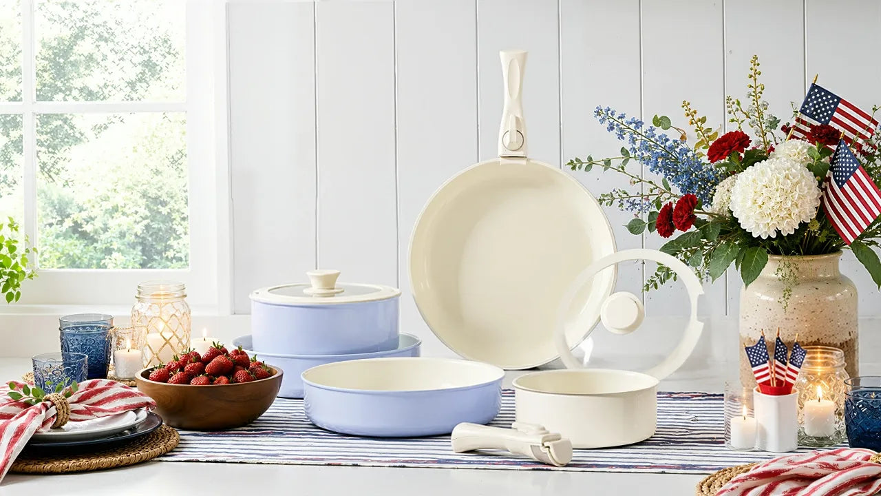 Chef Power Happy Independence Day Nonstick Ceramic Detachable Handle Cookware Set Blue and Purple