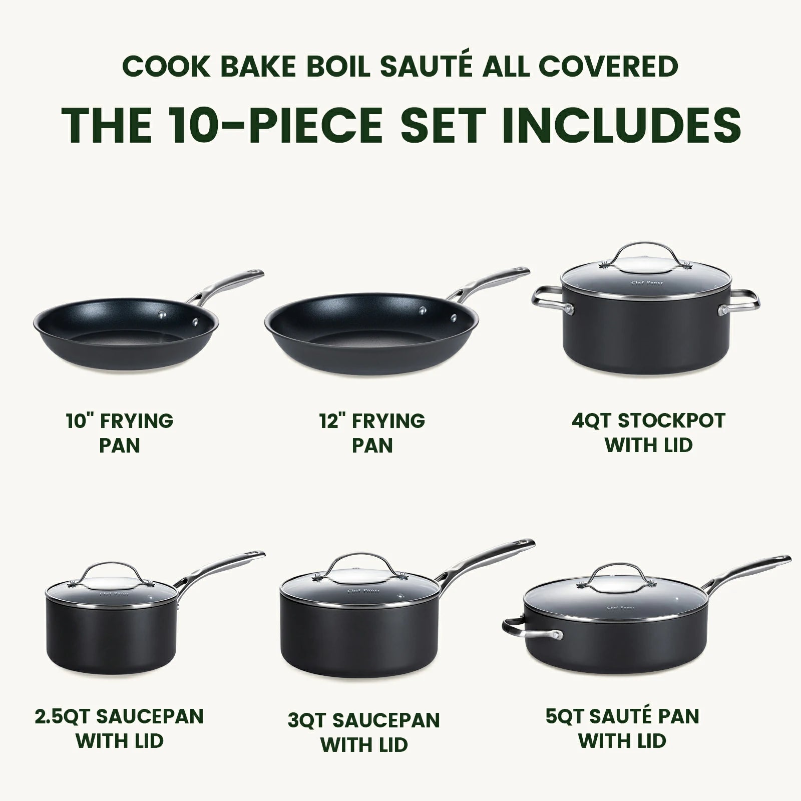 Chef Power hard anodized nonstick cookware set includes