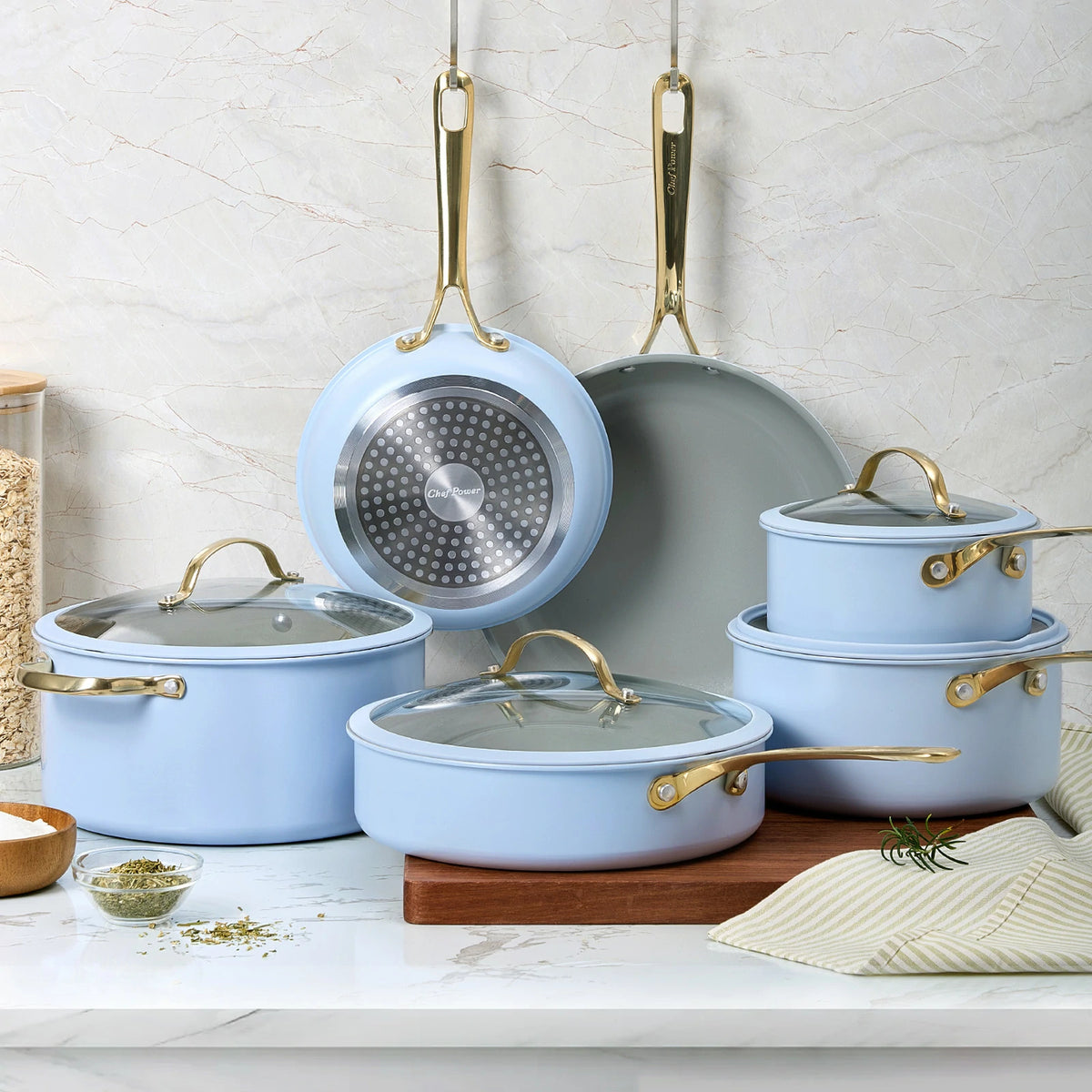 Light Blue Cookware Stars Ceramic Non-Stick 15-Piece Cookware Set with Light Golden Handles ...