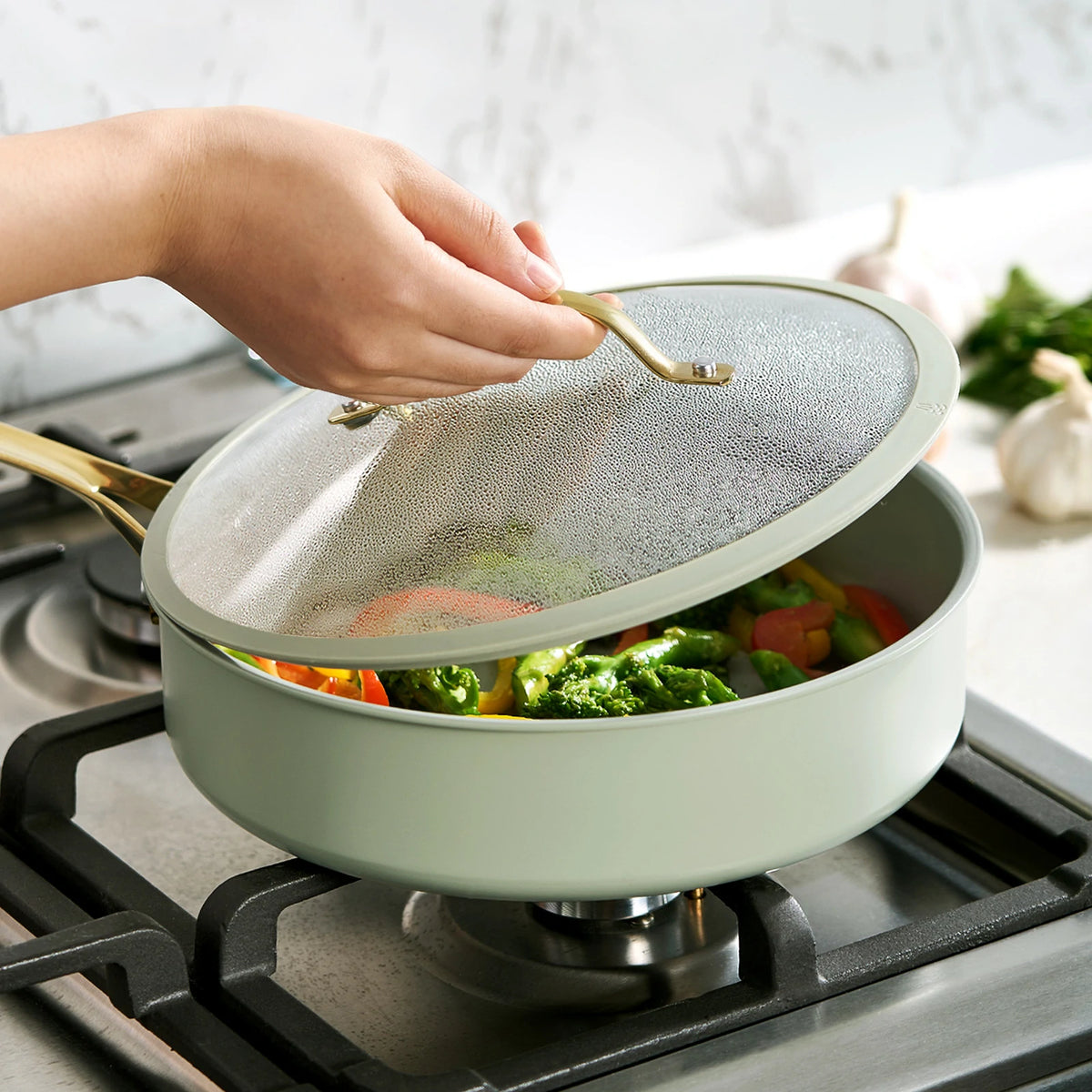 Natural Cookware Stars Ceramic Non-Stick 15-Piece Cookware Set with Light Golden Handles ...