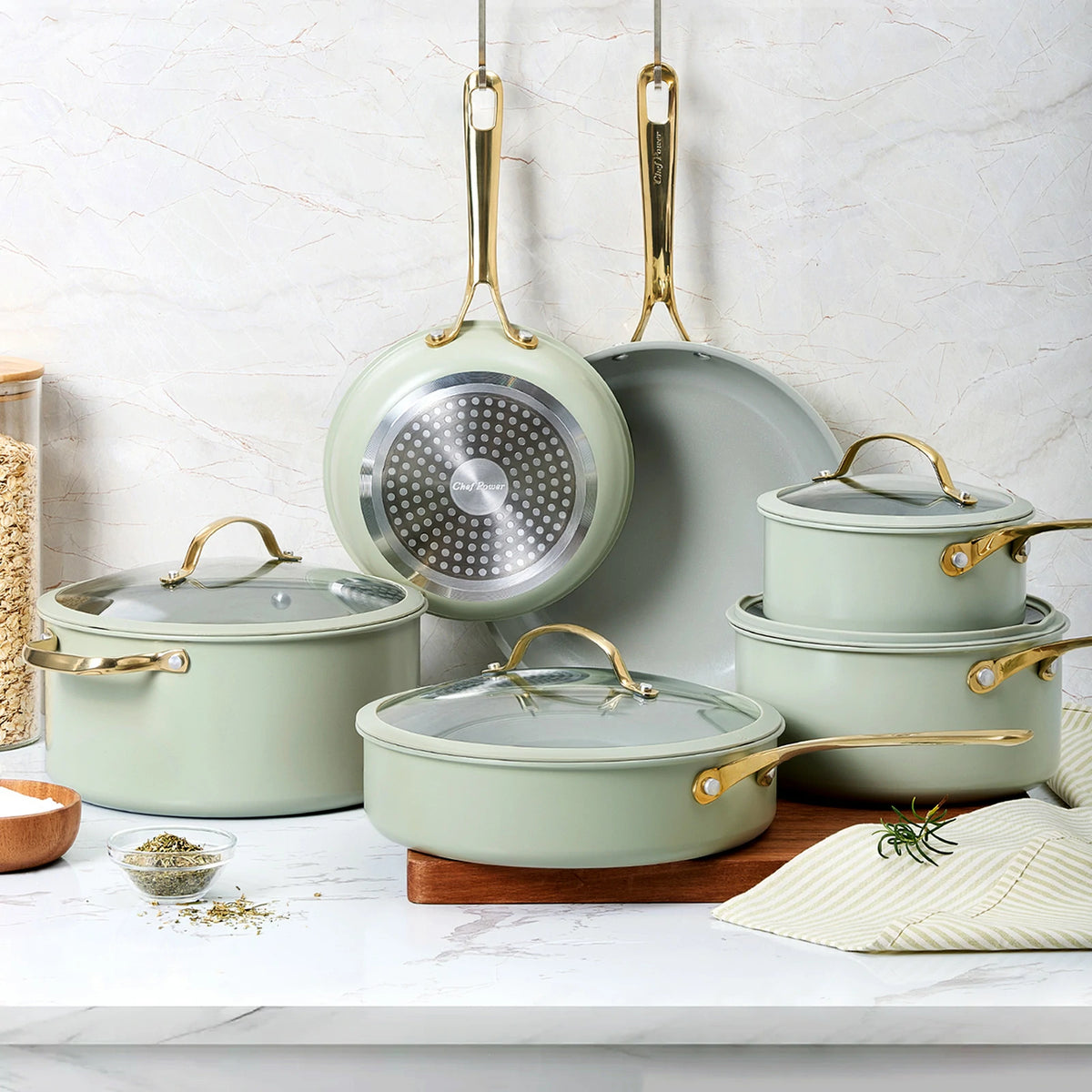 Natural Cookware Stars Ceramic Non-Stick 15-Piece Cookware Set with Light Golden Handles ...