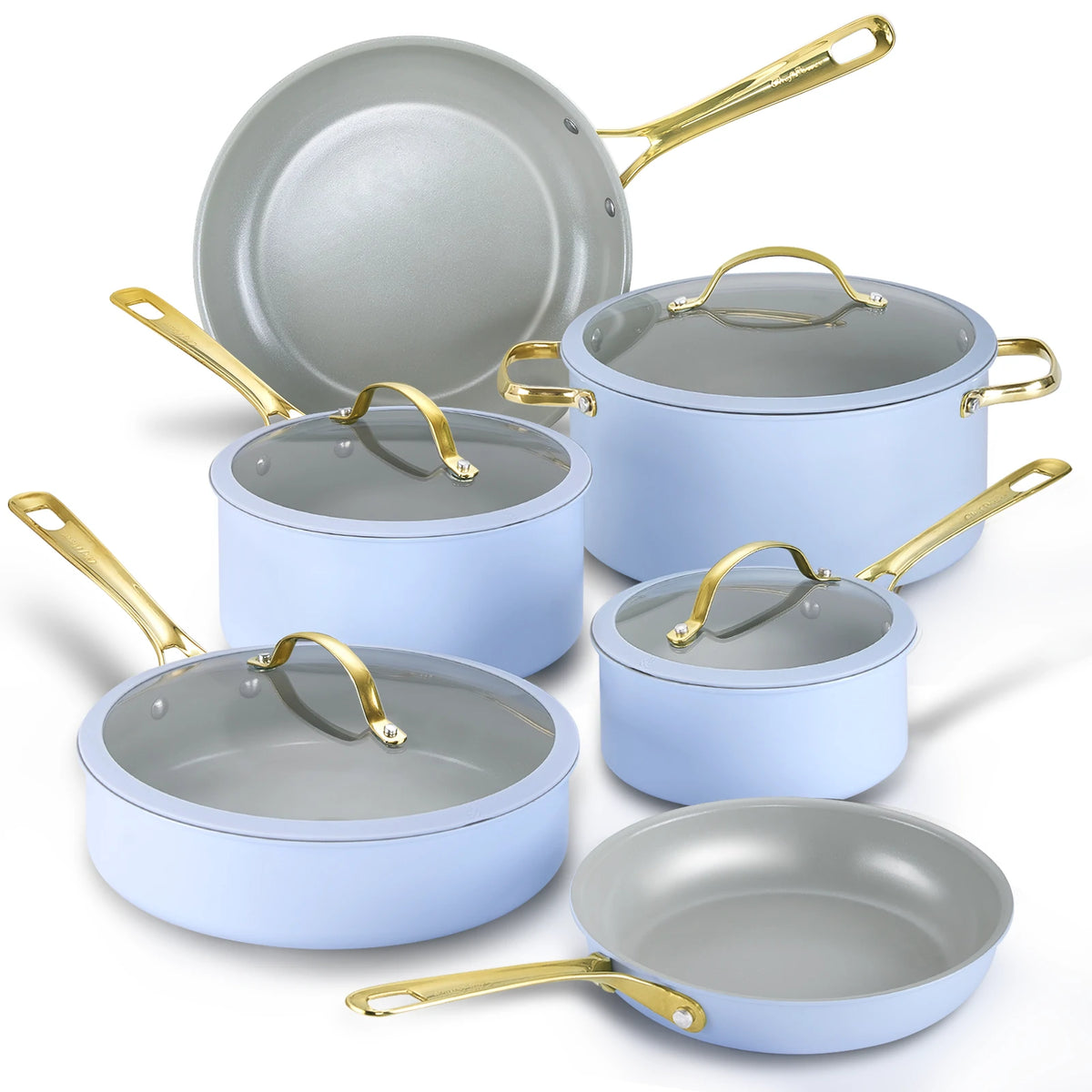 Light Blue Cookware Stars Ceramic Non-Stick 15-Piece Cookware Set with Light Golden Handles ...