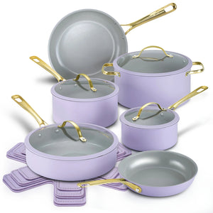 Stars Ceramic Non-Stick 15-Piece Cookware Set with Light Golden Handles, Natural Elements Toxin-Free Pots and Pans in Light Purple