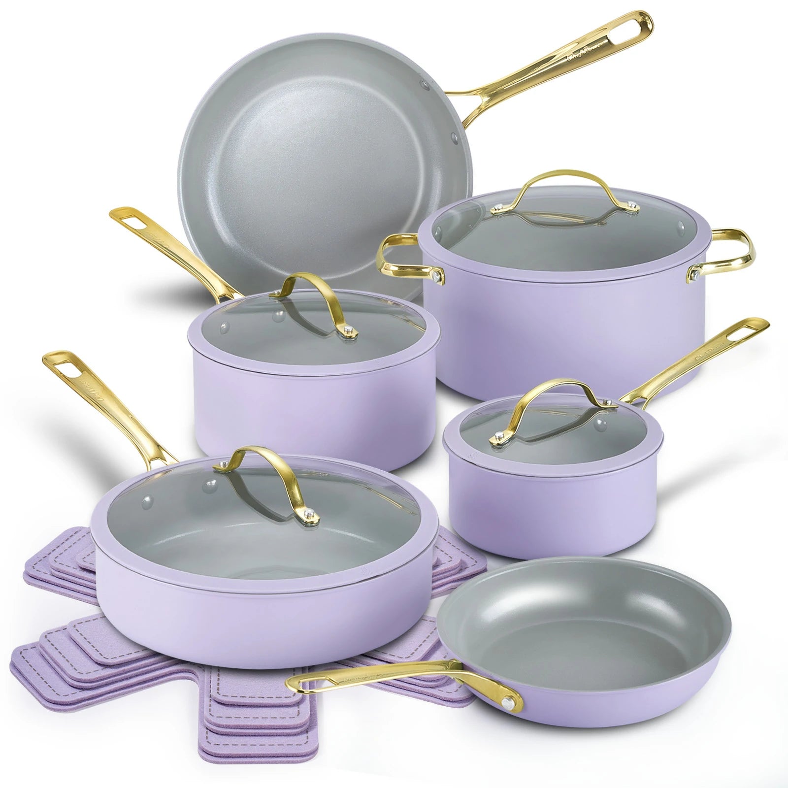 Stars Ceramic Nonstick 15-Piece Cookware Set with Light Golden Handles | Light Purple