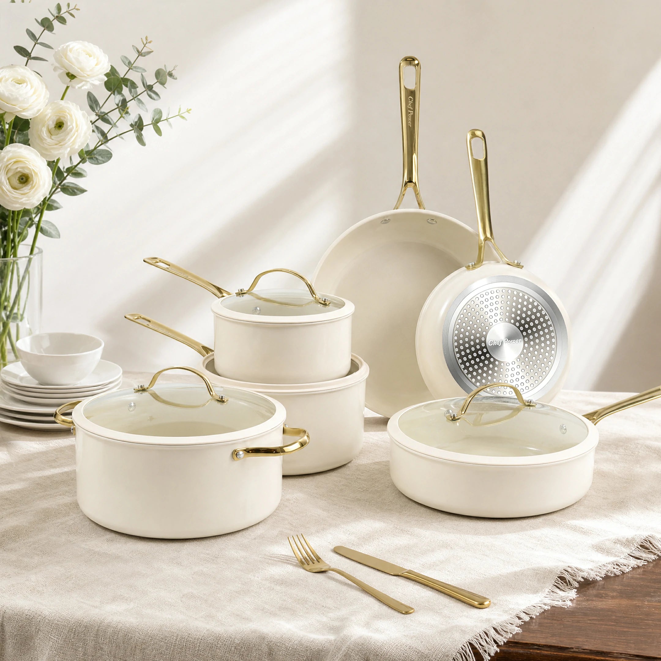 Chef Power Ceramic Nonstick 15-Piece Cookware Set White Banner