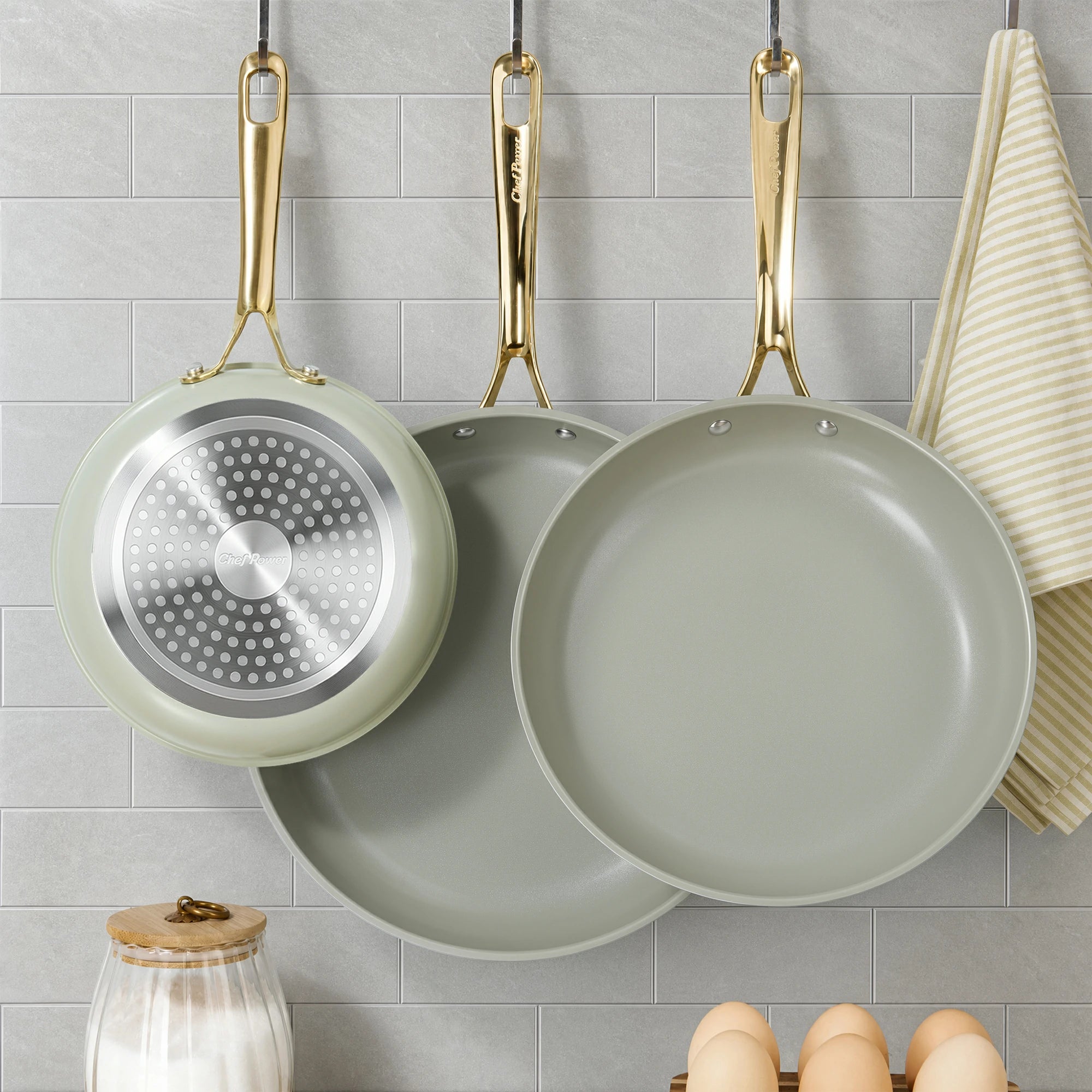 Chef Power Nonstick 3-Piece Frying Pan Set Sage Green