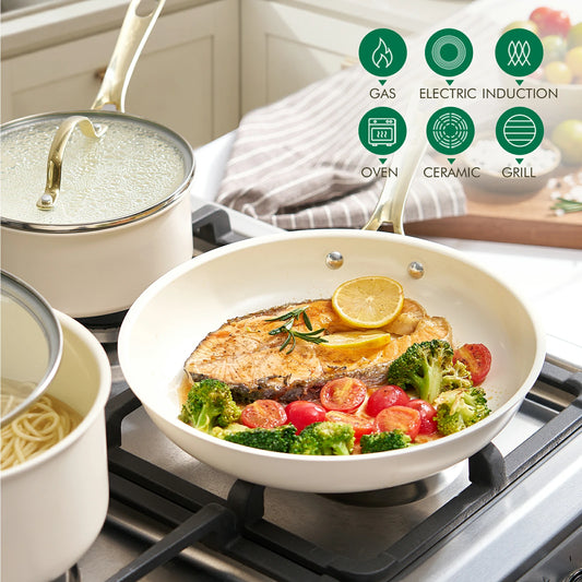 Chef Power Nonstick Ceramic 10-Piece Cookware Suitable for All Stovetops Cream White