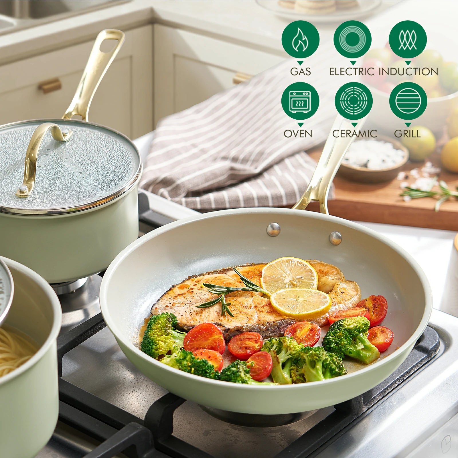 Chef Power Nonstick Ceramic 10-Piece Cookware Suitable for All Stovetops Sage Green