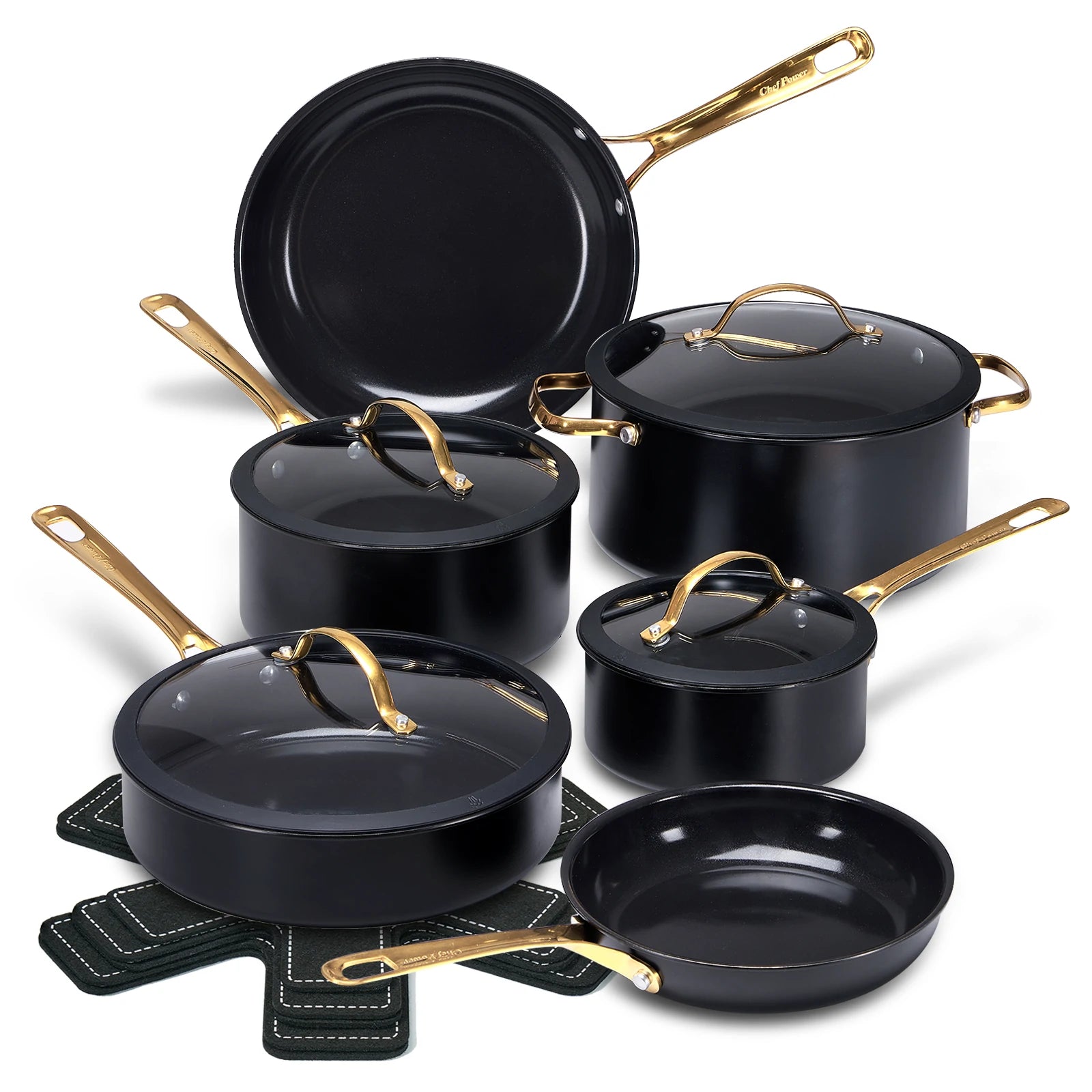 Stars Ceramic Nonstick 15-Piece Cookware Set with Golden Handles | Black