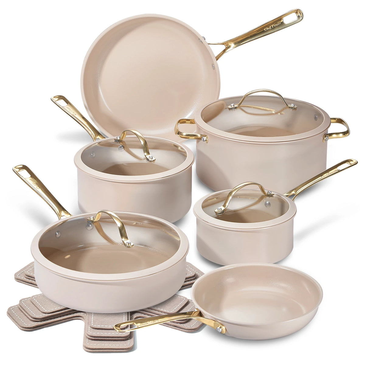 Natural Cookware Stars Ceramic Non-Stick 15-Piece Cookware Set with Light Golden Handles ...
