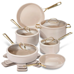 Stars Ceramic Non-Stick 15-Piece Cookware Set with Light Golden Handles, Natural Elements Toxin-Free Pots and Pans in Taupe