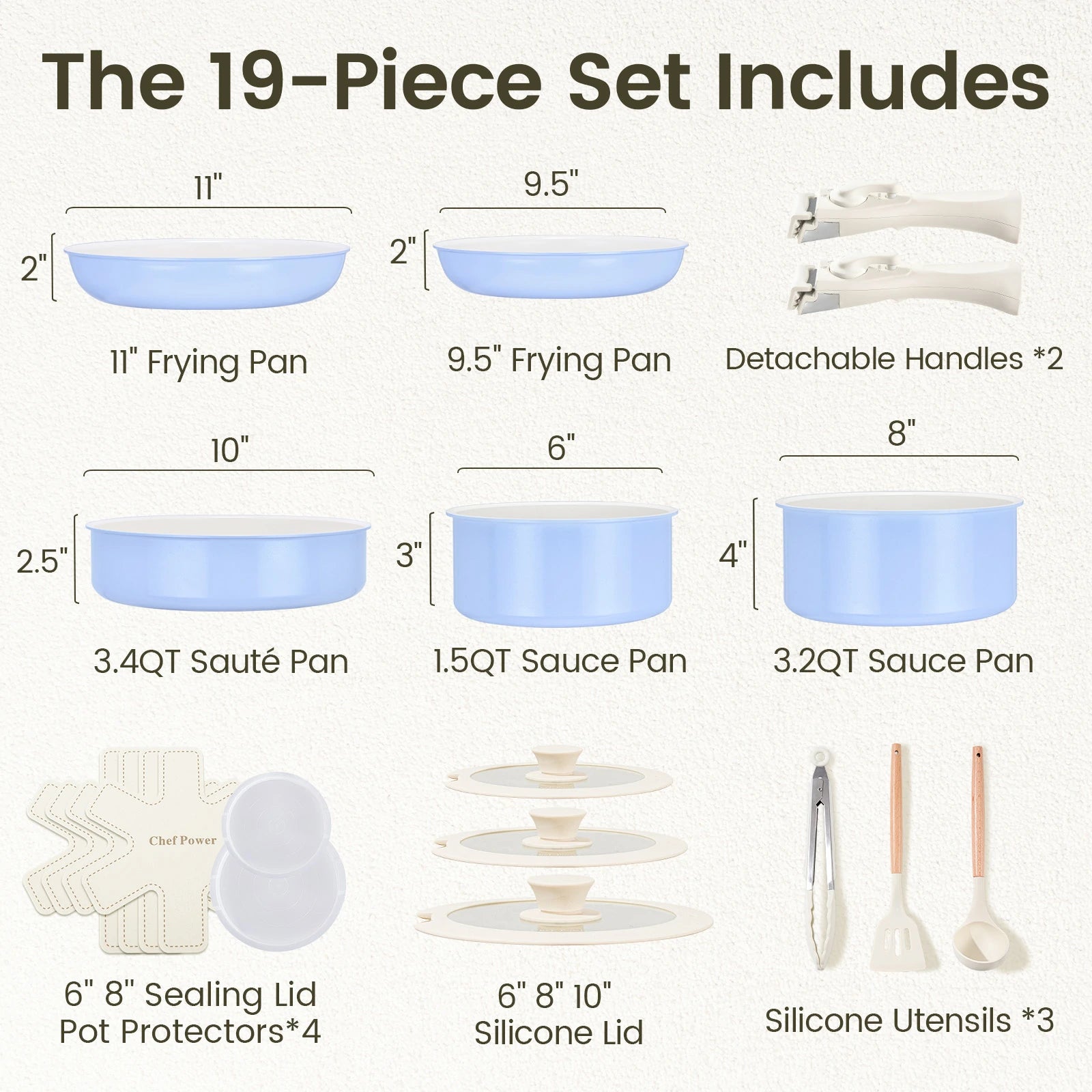 chef power nonstick nontoxic cookware set 19pcs baby blue purple pots and pans with clip handle includes