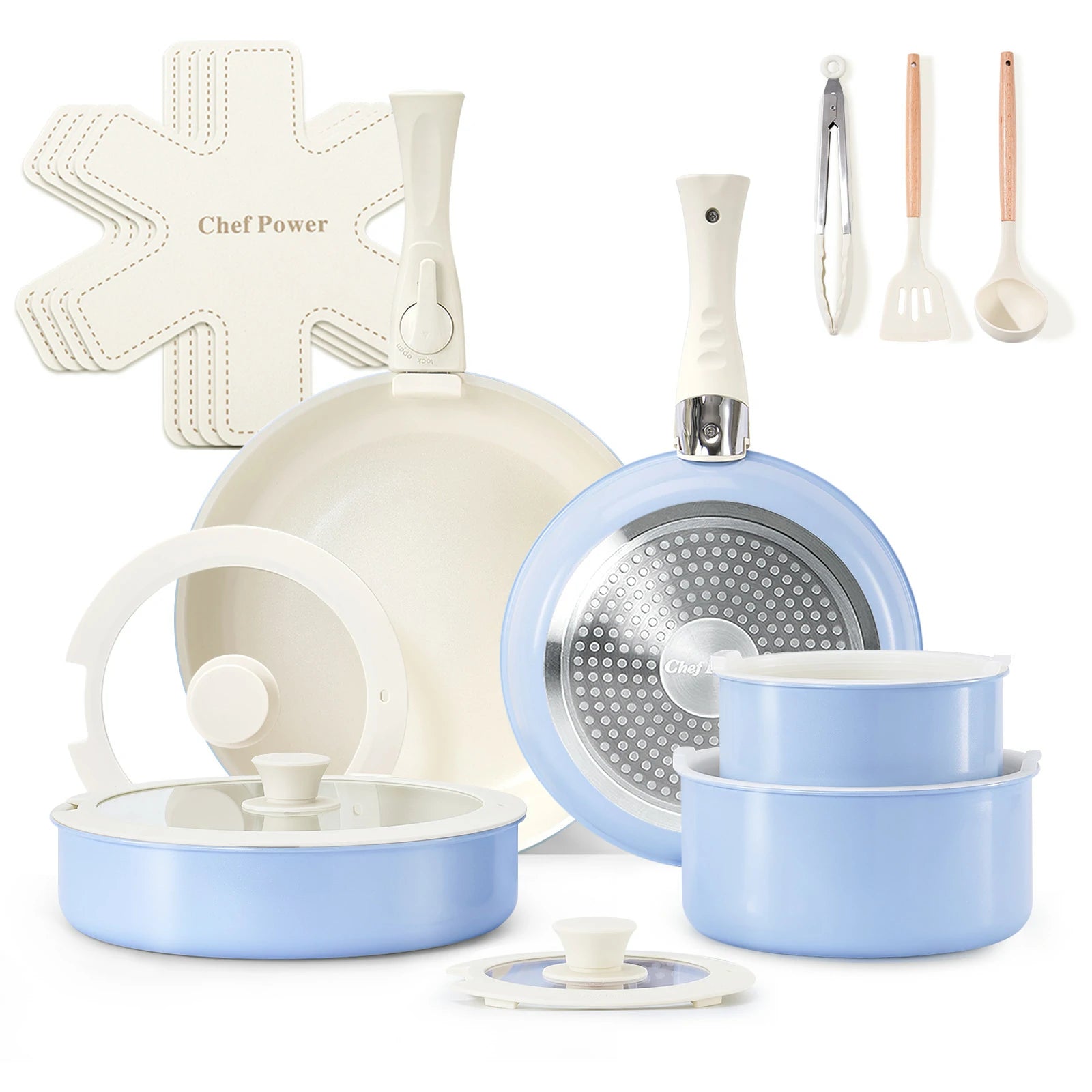 chef power nonstick nontoxic cookware set 19pcs baby blue purple pots and pans with clip handles