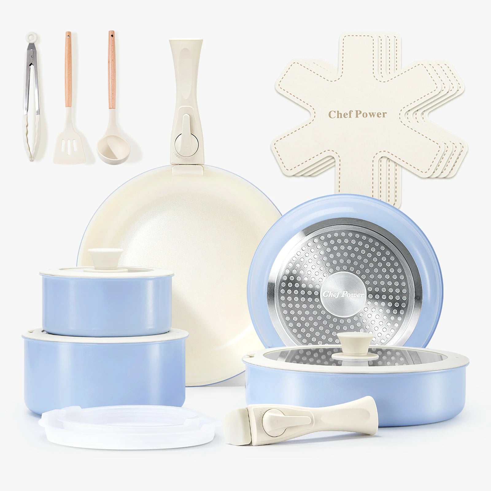 chef power nonstick nontoxic cookware set 19pcs baby blue purple pots and pans with detachable handles