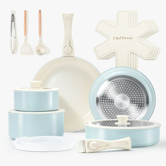 chef power nonstick nontoxic cookware set 19pcs light blue pots and pans with detachable handles