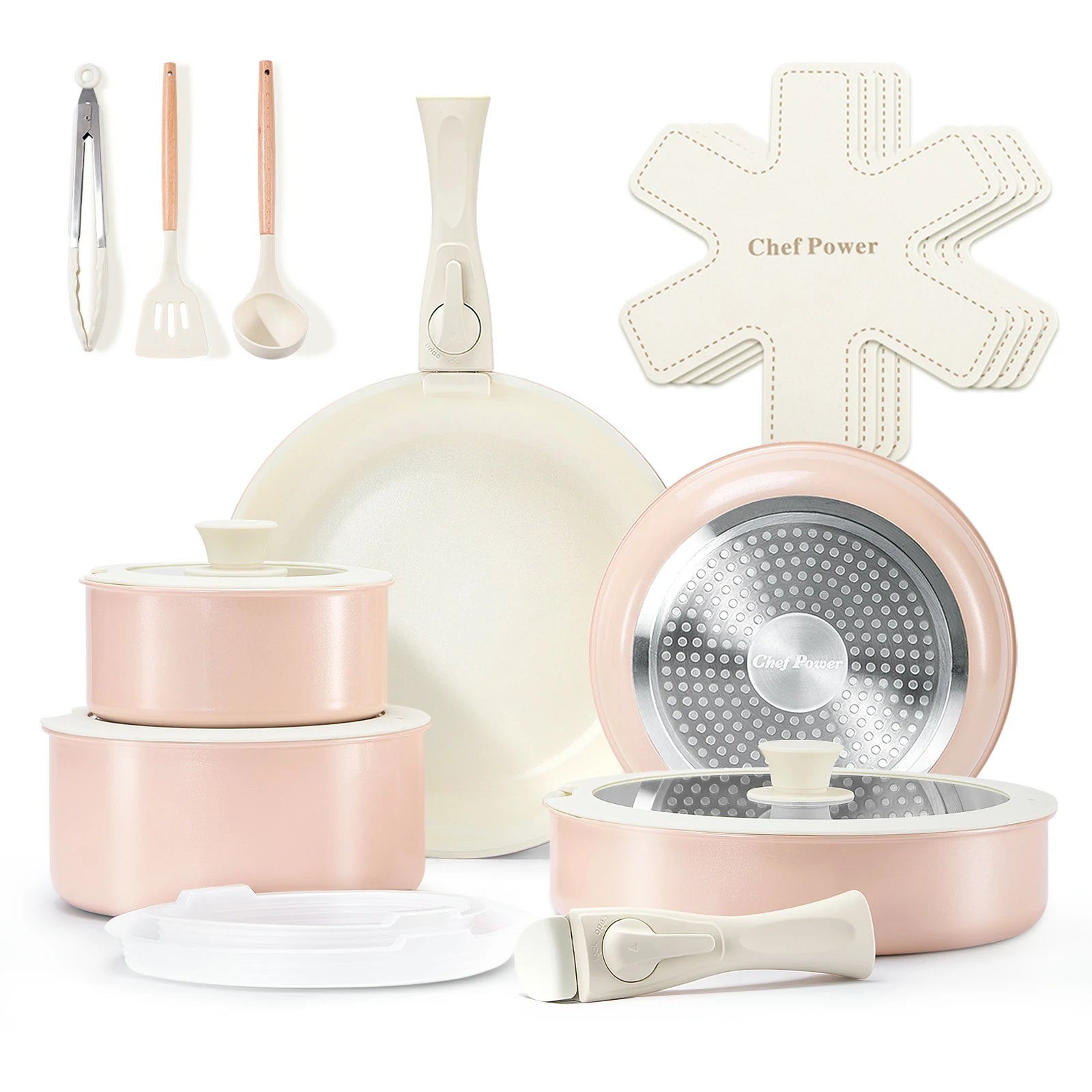 chef power nonstick nontoxic cookware set 19pcs light pink pots and pans with clip handles