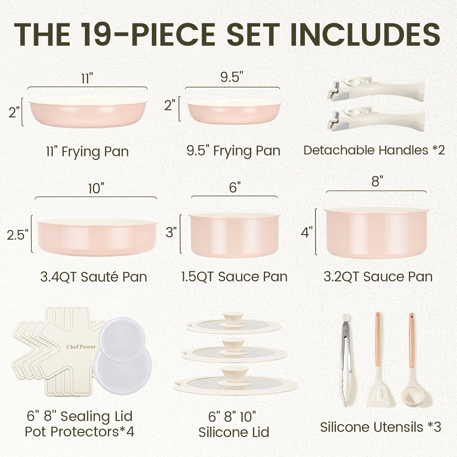 chef power nonstick nontoxic cookware set 19pcs light pink pots and pans with clip handle includes