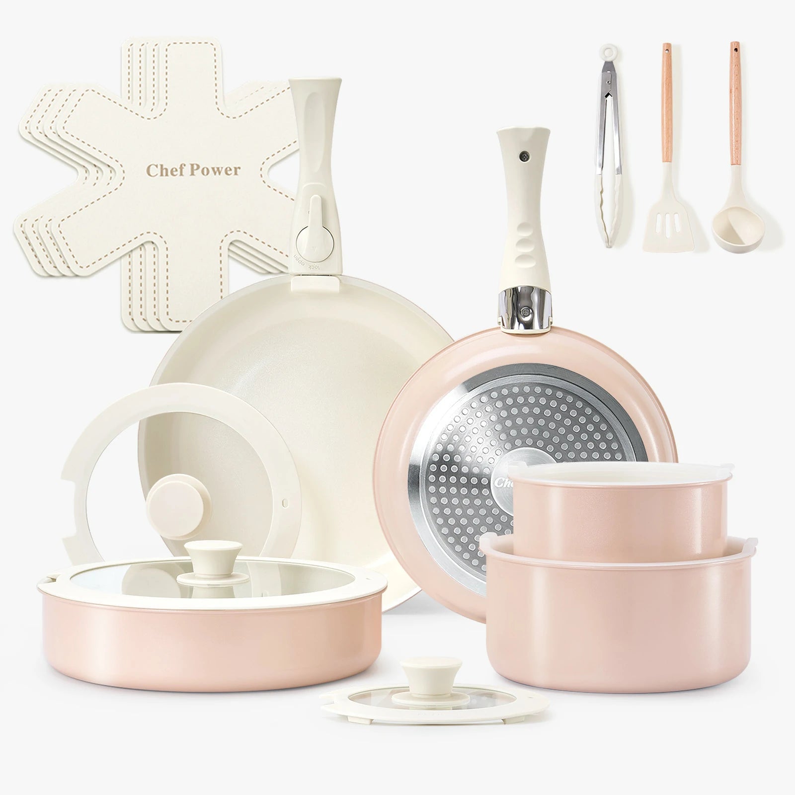 chef power nonstick nontoxic cookware set 19pcs light pink pots and pans with removable handle