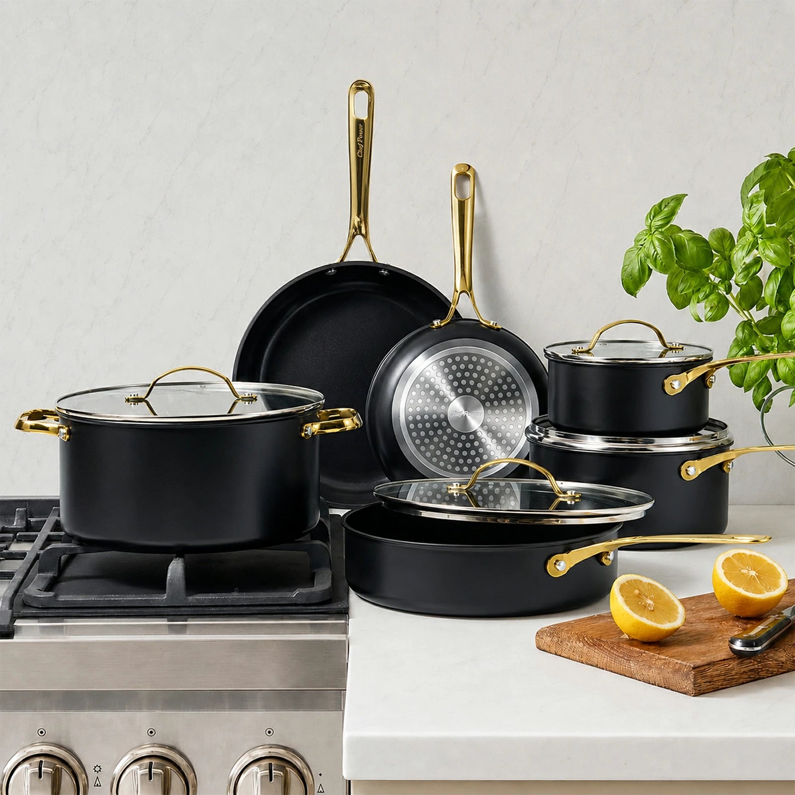 Chef Power Nontoxic 10-Piece Cookware Set Tempered Glass Lid with Stainless Steel Rim Black