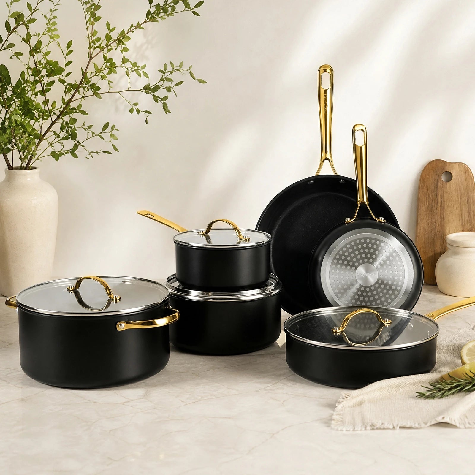 Chef Power Nontoxic 10-Piece Cookware Set Tempered Glass Lid with Stainless Steel Rim Black