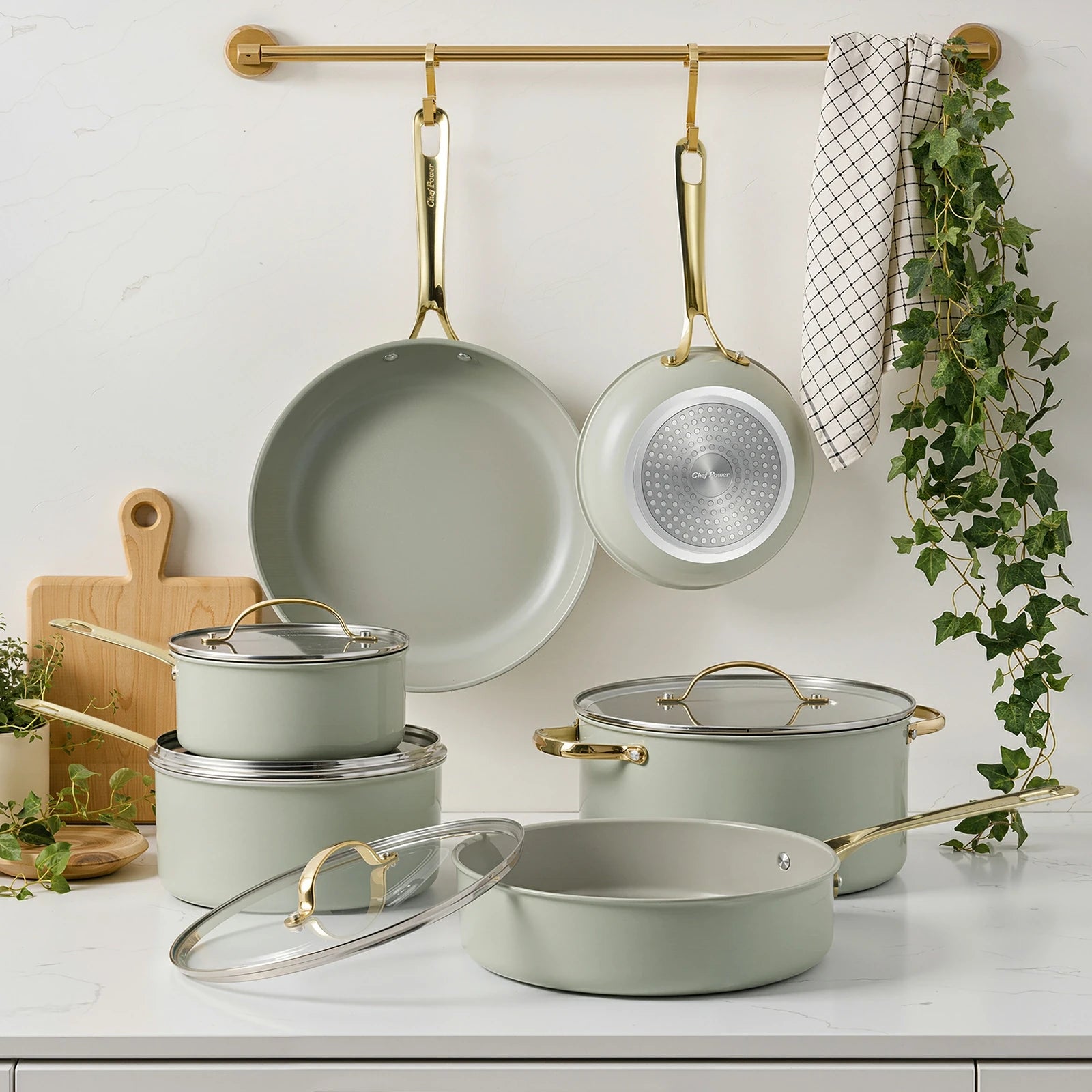 Chef Power Nontoxic 10-Piece Cookware Set Tempered Glass Lid with Stainless Steel Rim Sage Green