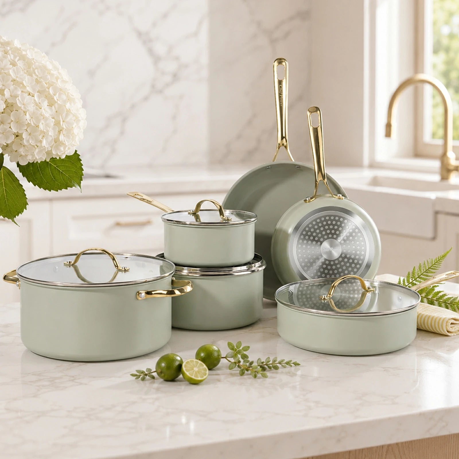 Chef Power Nontoxic 10-Piece Cookware Set Tempered Glass Lid with Stainless Steel Rim Sage Green