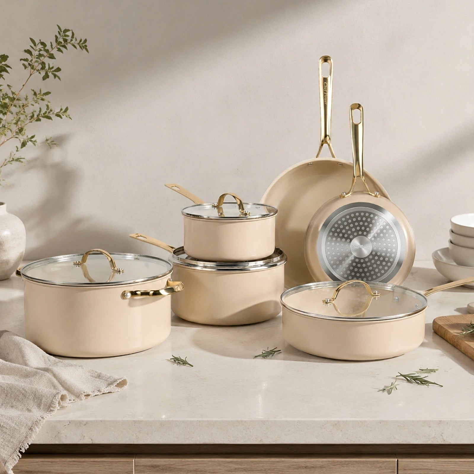 Chef Power Nontoxic 10-Piece Cookware Set Tempered Glass Lid with Stainless Steel Rim Taupe